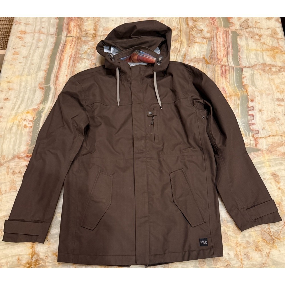 Mec Mens Rain Hooded Jacket Dark Brown Full Zip Waterproof‎ Regular Fit Small